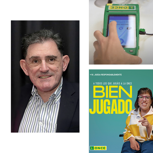 Collage de imágenes, con Miguel Prieto a la derecha, y el TPV de vendedores y cartel de la campaña Bien Jugado,a la izda.