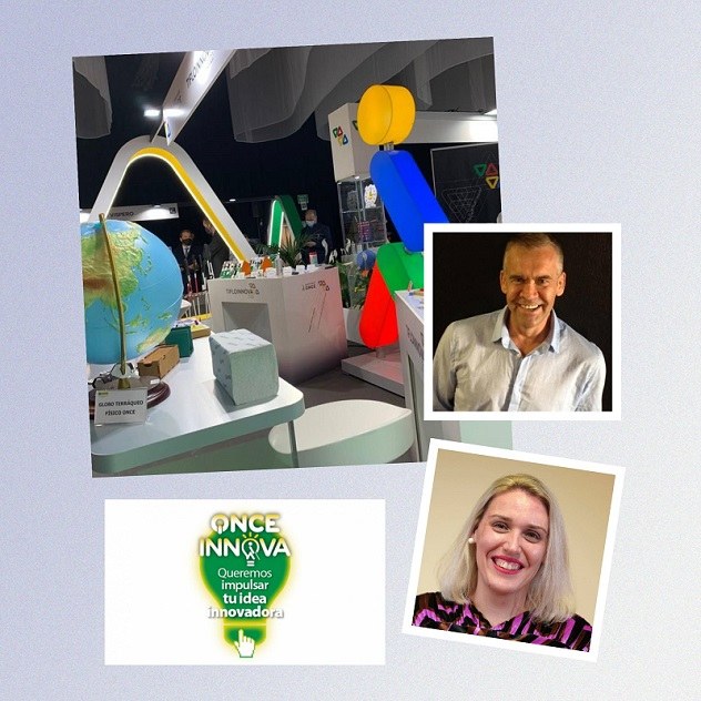 Collage de imágenes alusivas a tiflotecnología e innovación, junto a Jorge Íniguez y Carmen Millán Collage de imágenes alusivas a tiflotecnología e innovación, junto a Jorge Íniguez y Carmen Millán