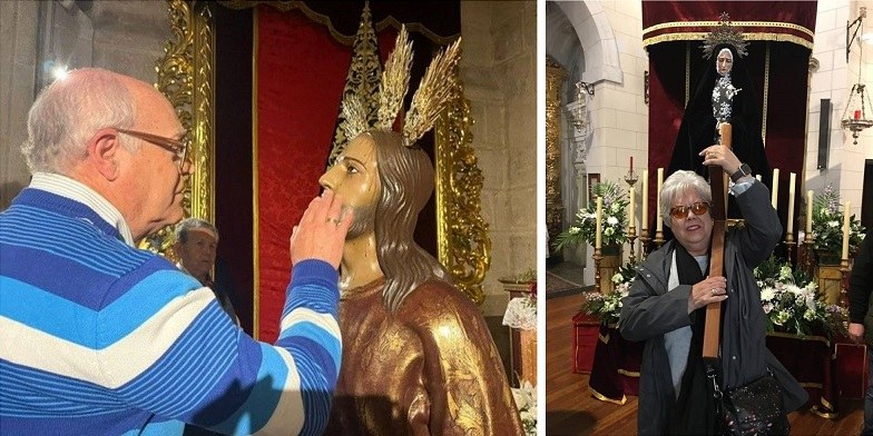 Afiliado de Almería y afiliada de Toledo junto a las imágenes sacras