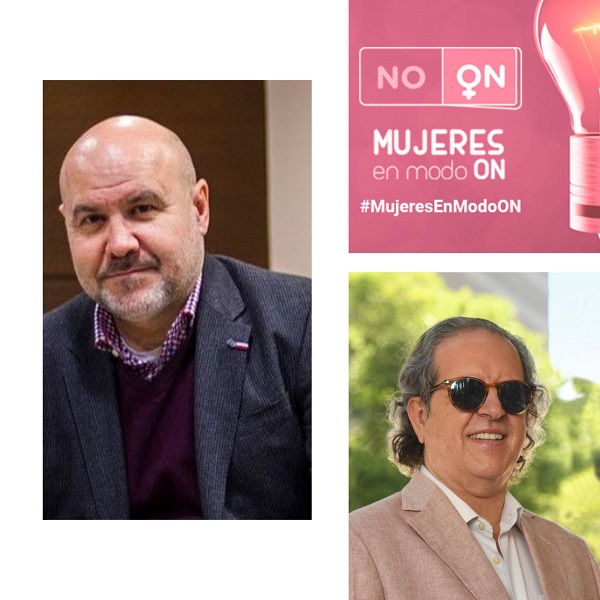Luis Cayo Perez, logo de Mujeres en Modo ON y Rafael de Lorenzo, abajo a la derecha