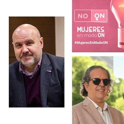 Luis Cayo Perez, logo de Mujeres en Modo ON y Rafael de Lorenzo, abajo a la derecha
