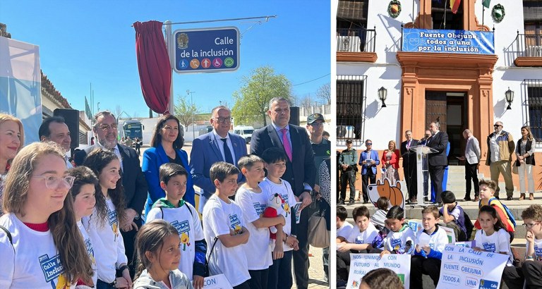 Foro de familia de niños y autoridades junto a la placa de la Calle de la Inclusión y a la derecha momento del discurso de Miguel Carballeda