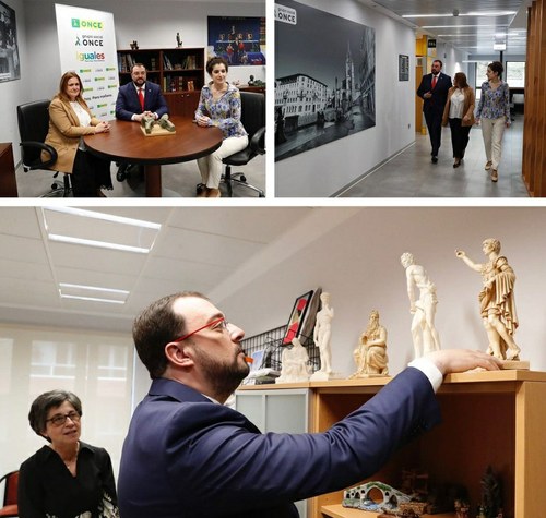Distintos momentos de la visita de Balbón a la sede de la ONCE en Asturias
