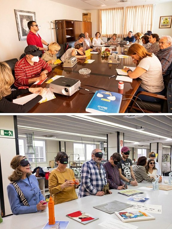 Arriba, grupo asistente al taller de braille. Abajo, asistentes al taller de relieves y 3D