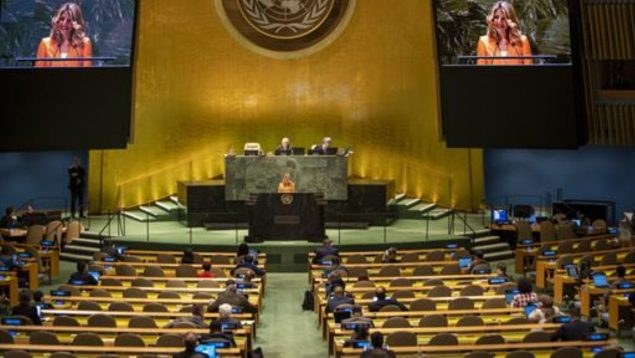 Momento de la intervención de Yolanda Díaz en la ONU
