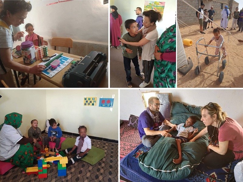 Collage con diferentes imágenes del viaje a Tinduf, en las que Belén atiende a un niño con parálisis y comprueba el material educativo para ciegos 