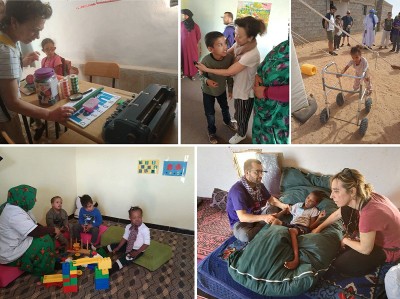 Collage con diferentes imágenes del viaje a Tinduf, en las que Belén atiende a un niño con parálisis y comprueba el material educativo para ciegos 