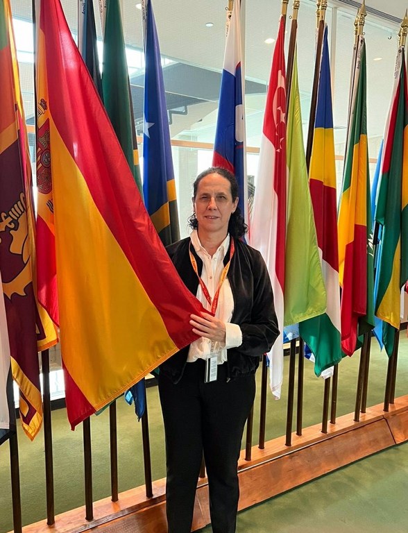 Ana Peláez en la sede de la ONU junto a las banderas de los países miembro