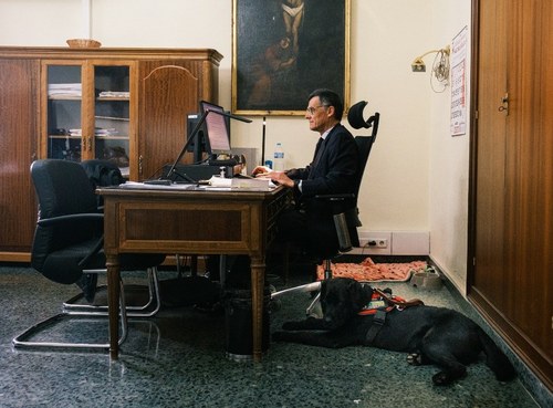 Luis Gonzaga de Oro-Pulido Sanz en su despacho de la Audiencia Provincial de Sevilla, con su perro guía