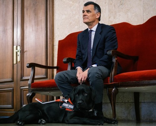 Luis Gonzaga de Oro-Pulido Sanz posa junto con su perro guía Posky