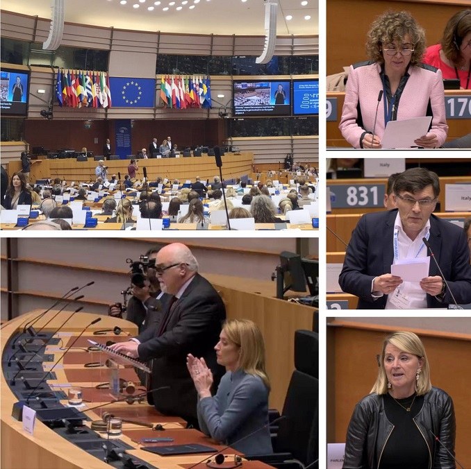Collage de imágenes del Parlamento, con las intervenciones de Metsola, VardaKastanis, Alberto Durán  y las eurodiputadas españolas Rosa Estárás y Dolors Montserrat