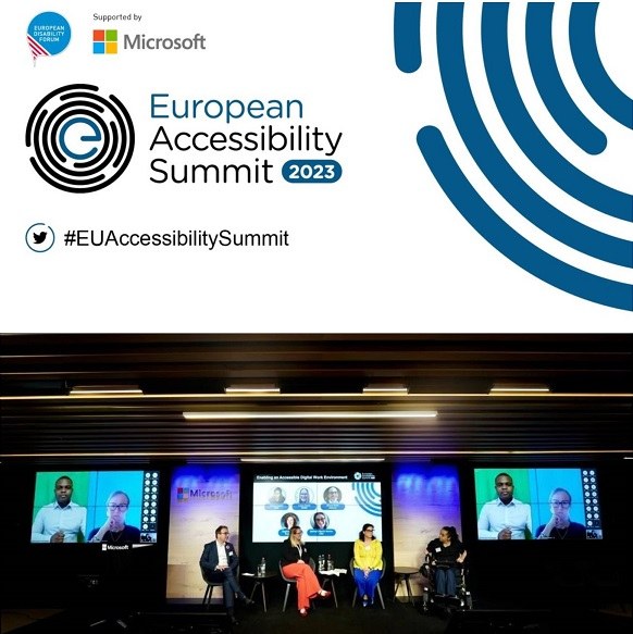 Arriba logo de la cumbre de accesibilidad en Bruselas, abajo particpacipantes en el Panel 4 de la cumbre