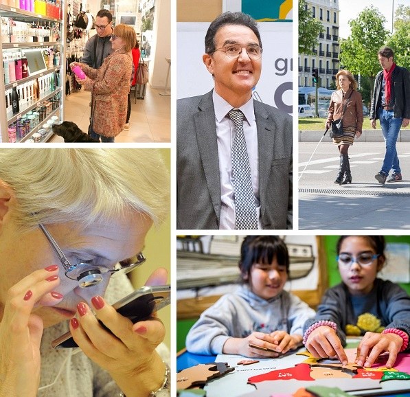 Collage de imágenes de servicios sociales en la ONCE con Andrés Ramos en el centro 