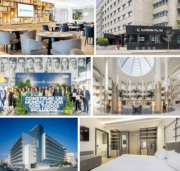 Collage de imágenes de establecimientos de Ilunion Hotels y plantilla Ilunion Hotels mostrando los certificados de sostenibilidad de la cadena