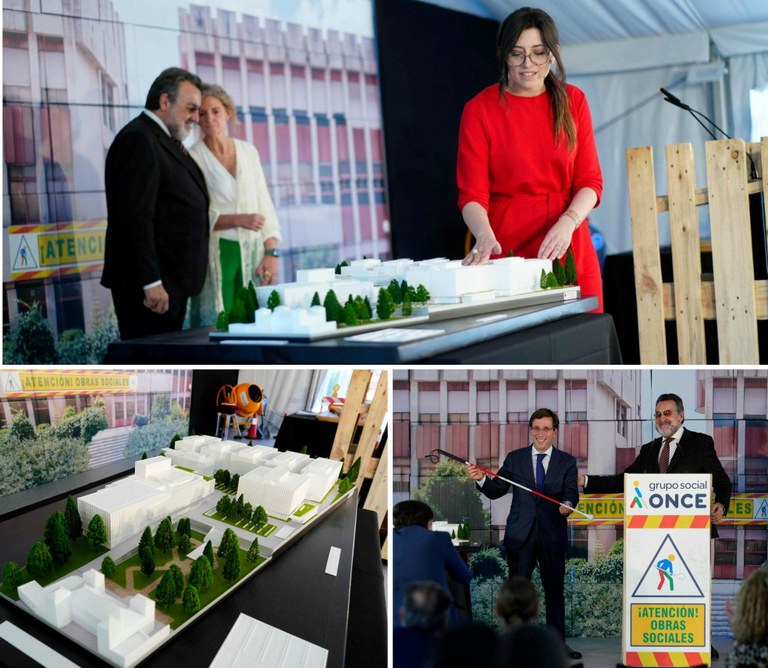 Arriba, Mireia explica la maqueta del proyecto. Abajo, vista de la maqueta y Miguel Carballeda junto al alcalde, mostrando un bastón blanco y rojo de personas sordociegas Arriba, Mireia explica la maqueta del proyecto. Abajo, vista de la maqueta y Miguel Carballeda junto al alcalde, mostrando un bastón blanco y rojo de personas sordociegas