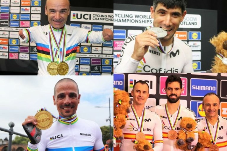 De arriba a abajo y de izda a dcha.: Ricardo Ten, Maurice Eckhard, Sergio Garrote y el equipo de velocistas, con las medallas.