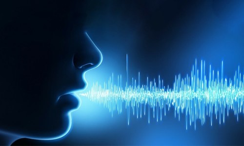 Silueta de la cara de una persona, con fondo negro y azul, donde se perfilan en azul las ondas de sonido que emite la voz. 