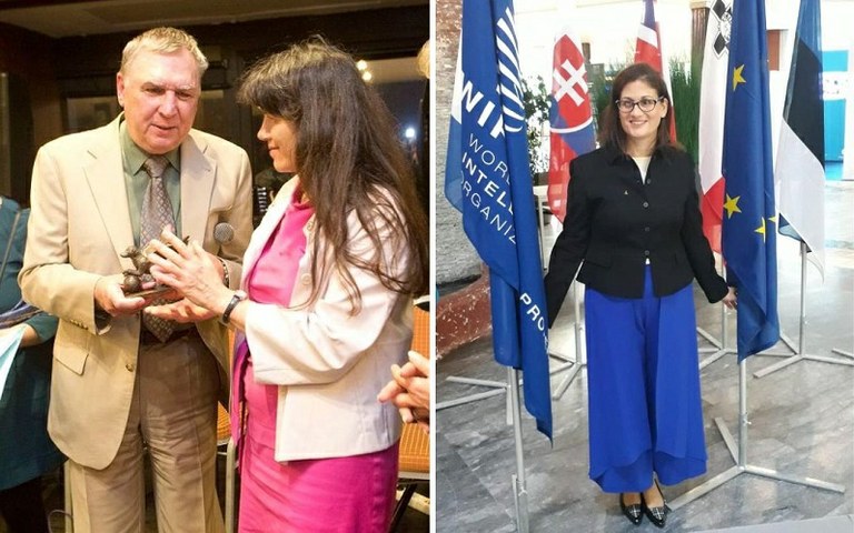 A la izquierda Anngerman entrega el premio Visión para la Igualdad de la EBU. A la derecha, Bárbara Martín en la sede del Parlamento en Bruselas