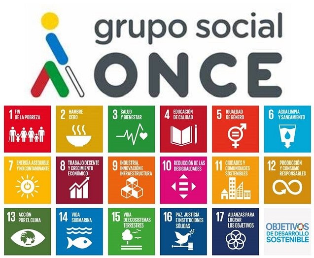 Logo Grupo Social ONCE sobre la bandera de los ODS Logo Grupo Social ONCE sobre la bandera de los ODS