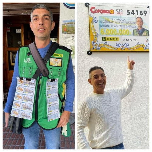 Collage: Antonio Cañizares luce feliz como vendedor de la ONCE y señala su placa homenaje en su pueblo de Cañizares