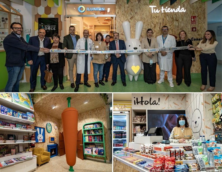Arriba, momento de la inauguración de la tienda. Abajo, detalle de su interior, y trabajadora de la tienda en el mostrador