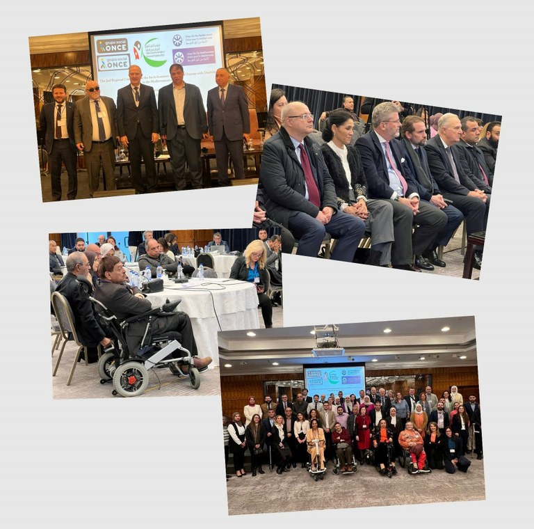 Arriba, foto de familia de la inauguración. Debajo, el Príncipe Mired y el embajador de España en Jordania. Debajo, participantes con discapacidad  y finalmente foto de familia de organizadores y participantes.