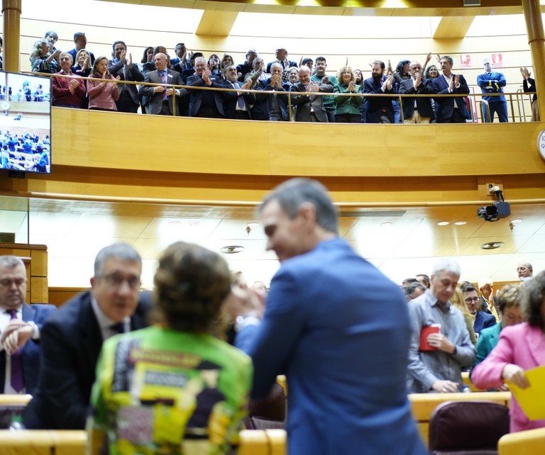 Los diputados aplauden hacia la grada de invitados tras la aprobación del artículo