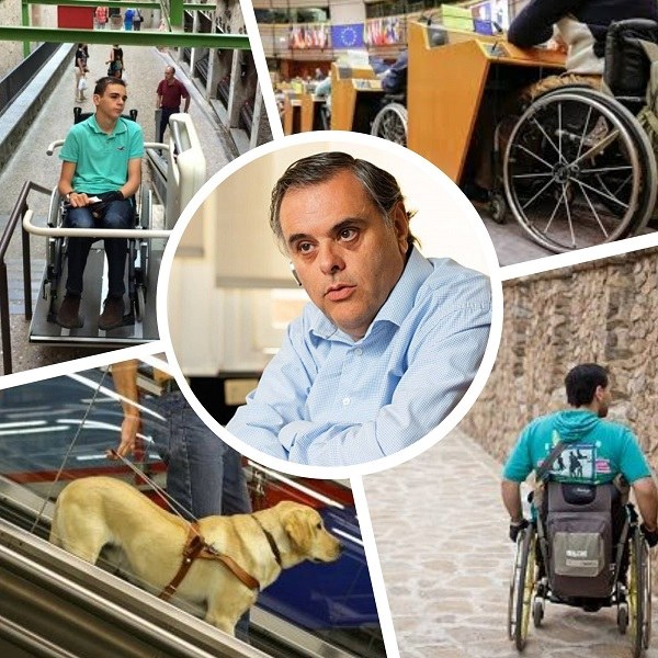 Jesùs Hernández en el centro del collage de imágenes alusivas a la accesibilidad de las personas con discapacidad