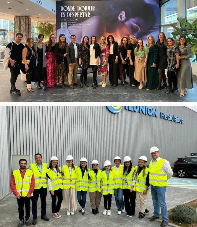 Arriba, la delegación colombiana en lel hotel  Ilunion Atrium. Abajo, en la planta madrileña de Ilunion Reciclados