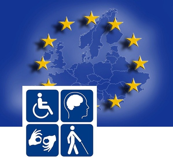 Pictogramas de diversas discapacidades sobre bandera de la UE