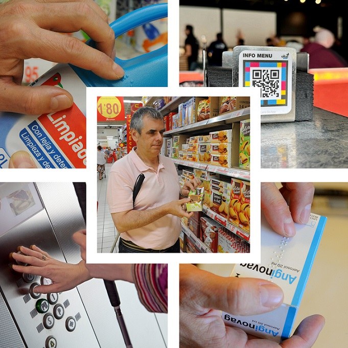 Collage de imágenes de productos etiquetados en braille. En el centro, persona ciega leyendo en braille el etiquetado del producto en un supermercado