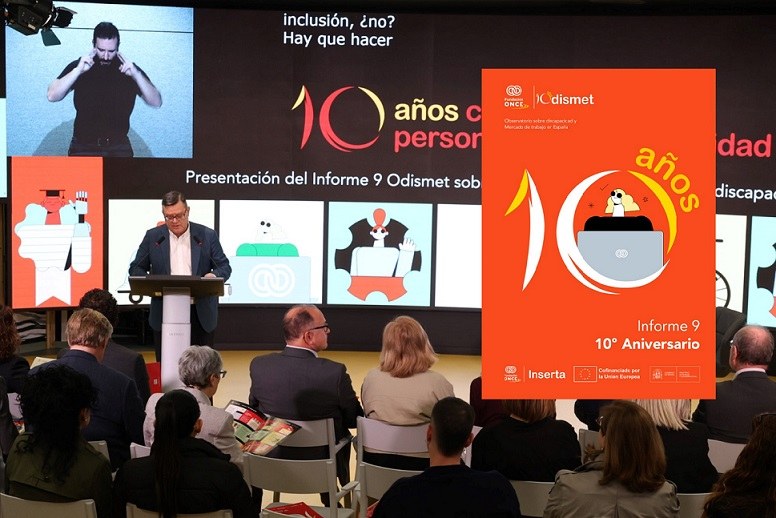 Acto de presentación del informe con José Luis Martínez Donoso, y portada del informe 9 Odismet