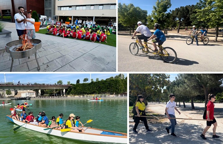 Collage de las activiades de montañismo, remo y ciclismo. Arriba, encendiendo la antorcha de l