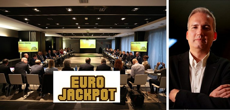 Asmablea general reunida en Madrid el pasado mes de noviembre. A la derecha, Alfonso Galiano, y logo de Eurojackpot