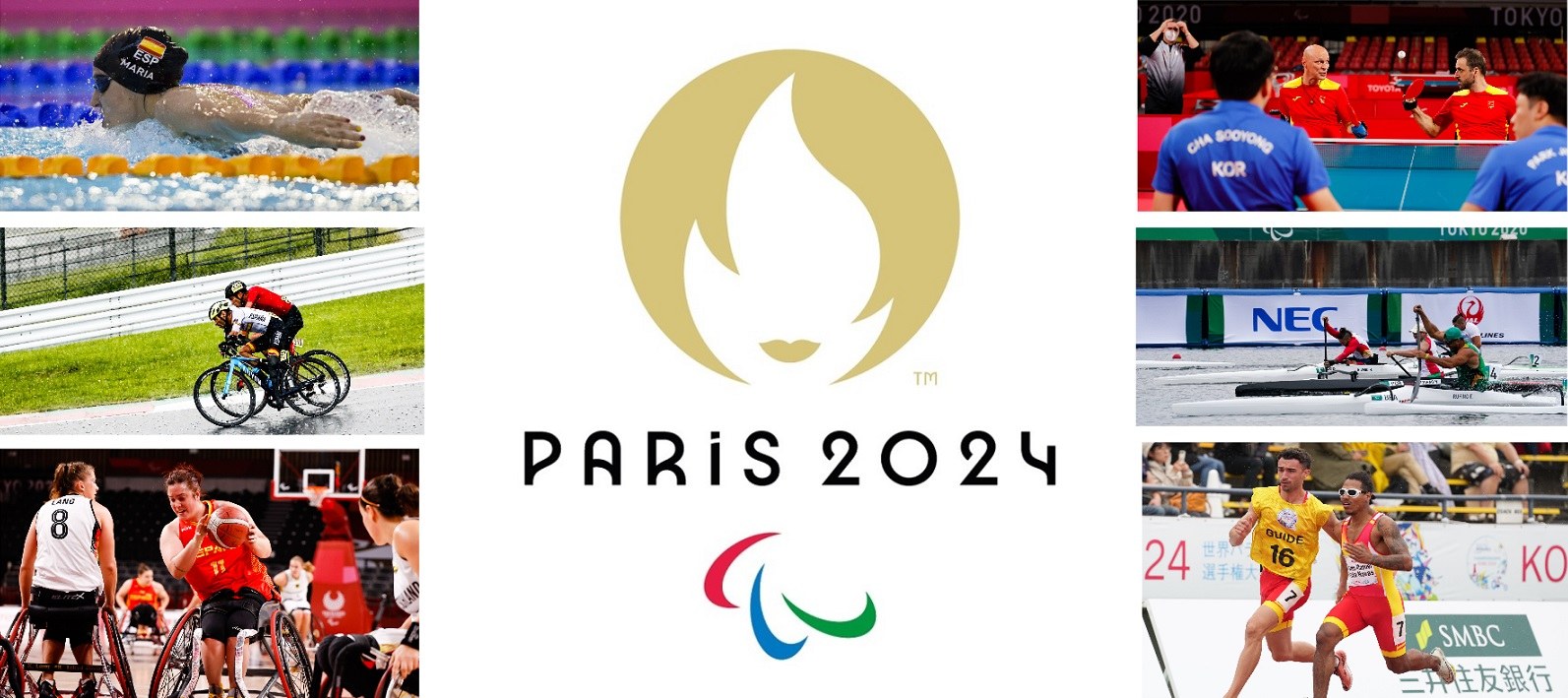 Logo de los juegos paralímpicos de París junto a imágenes de diversos deportes