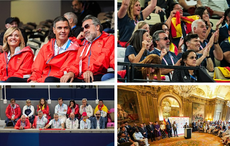 Arriba la mimnistra Alegría, junto a Pedro Sánchez, y a la derecha la reina Letizia durante las competiciones junto  a Miguel Carballeda y Alberto Durán. Abajo, la infanta Elena junto a los responsables de CPE en las gradas en la clausura, y al lado, a la derecha, el ministro Bustinduy en la recepcíón ofrecida en París a la delegación española