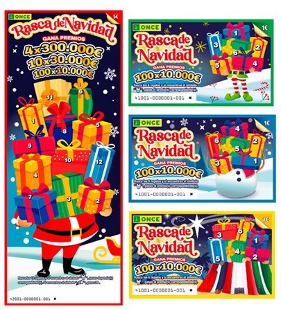 Collage de imágenes con un boleto de Rasca de Navidad de 5 € y 3 de Rasca de Navidad de 1 €