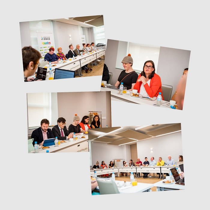 Collage de imágenes de diversos momentos de la primera jornada del encuentro en la sede del Consejo General de la ONCE