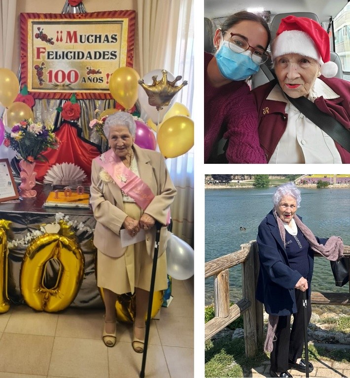 A la izda. Mercedes en su 100 cumpleaños. A la derecha, arriba con Laura en la excursión para ver las luces de Navidad, y abajo durante una excursión