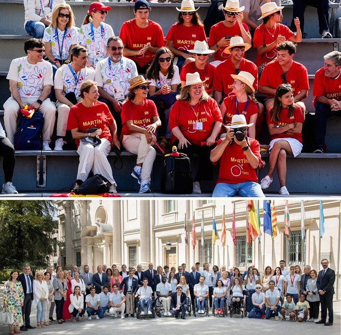 Alberto Durán junto a Jofre y Carballeda, y autoridades invitadas, en París. Abajo, Alberto Duran, en el centro, junto a los deportistas medallistas y otros responsables del CPE en el Senado tras París 
