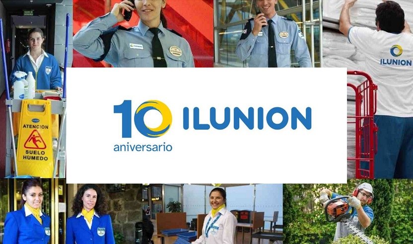 Collage de diversoas trabajadores de Ilunion con le logo de su décimo aniversario