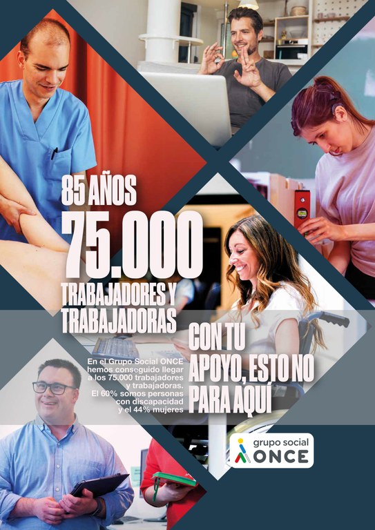 Diapositiva cartel de la campaña de difusión de los 75.000 empleos con la imagen de varios trabajadores con y sin discapacidad del Grupo Social ONCE