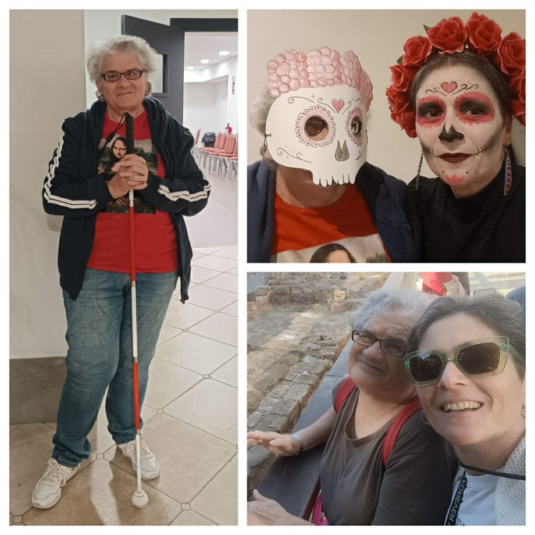 Collage: Carmen Lapico posa con su bastón rojo y blanco (imagen vertical); otras 2 fotos (horizontal) disfrazada con Lola (mediadora de FOAPS) y sin disfrazde ella y la mediadora