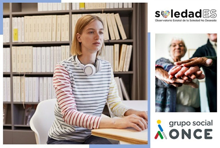 A la izda. imagen del primer estudio sobre soledad no deseada entre la población afiliada a la ONCE , y a la derecha, imagen del Observatorio SoledadEs de Fundación ONCE. Abajo, el logo del Grupo Social ONCE