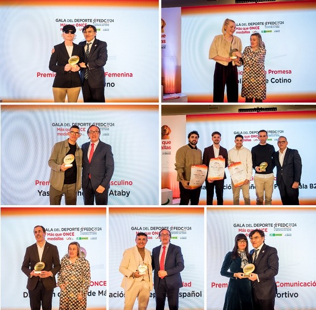 Collage de los premiados: de arriba a abajo y ede izda. a dcha. Marta Arce, Carolina Yuste, Oudadhi, Selección Fútbol Sala,  ONCE Málaga, ADESP y Mundo Deportivo