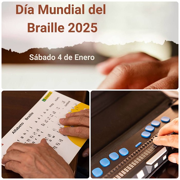 Collage con detalles del alfabeto y la línea braille