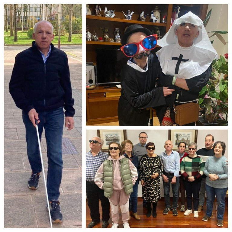 Collage: José Manuel Novegil Gil con su bastón blanco, disfrazado de monja y con el grupo del Club Braille de la ONCE en Pontevedra