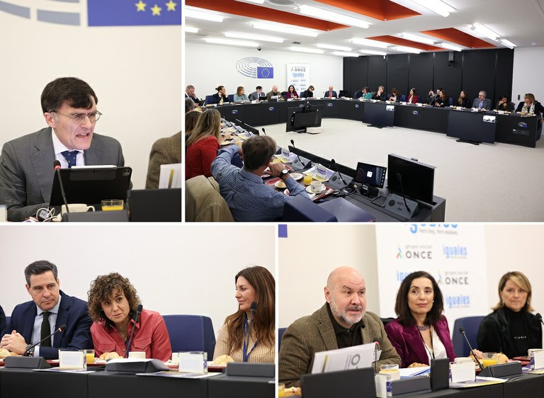 Collage de imágenes: Arriba, Albero Durán y panorámica del encuentro. Abajo, Dolors Monserrat interviniendo, y momento de Luis cayo Pérez, junto a Cristina Barreto y Rosa Estarás