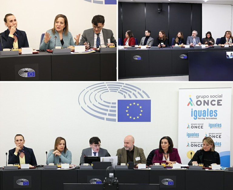 Arriba Iratxe García y Teresa Coutinho junto a Alberto Durán, al lado una parte de la mesa de eurodiputados. Abajo, cabecera de la mesa