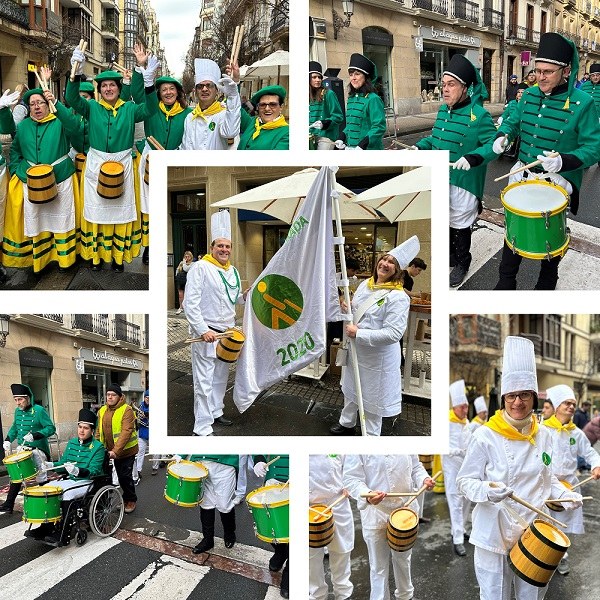 Collage de imágenes de la Tamborrada durante su actuación por las calles de San Sebastián